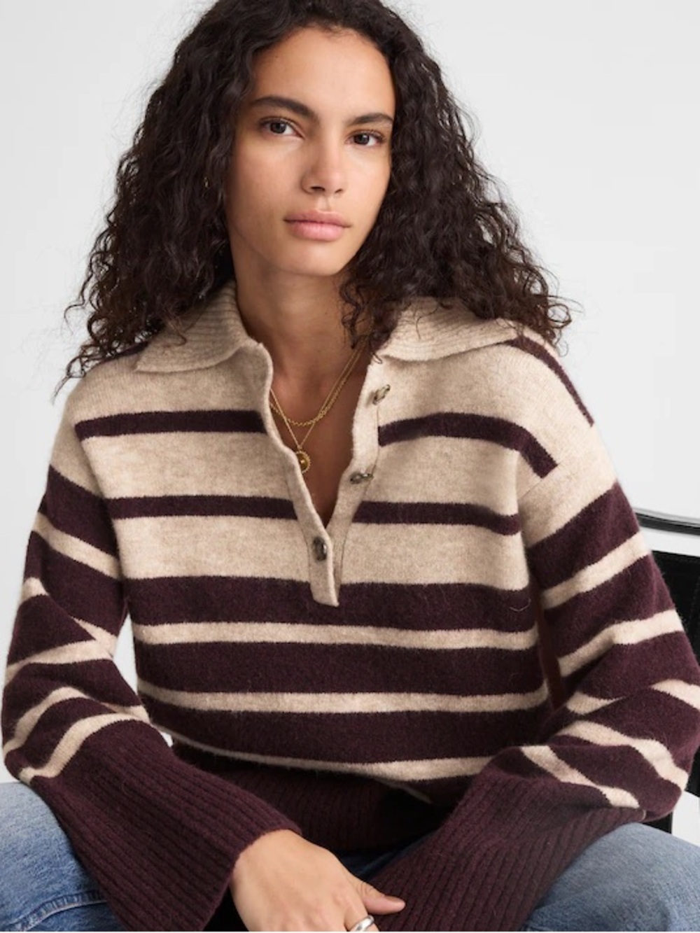 Madewell CloudSoft Polo Sweater wool/alpaca blend brown cream stripe NY436 M NWT